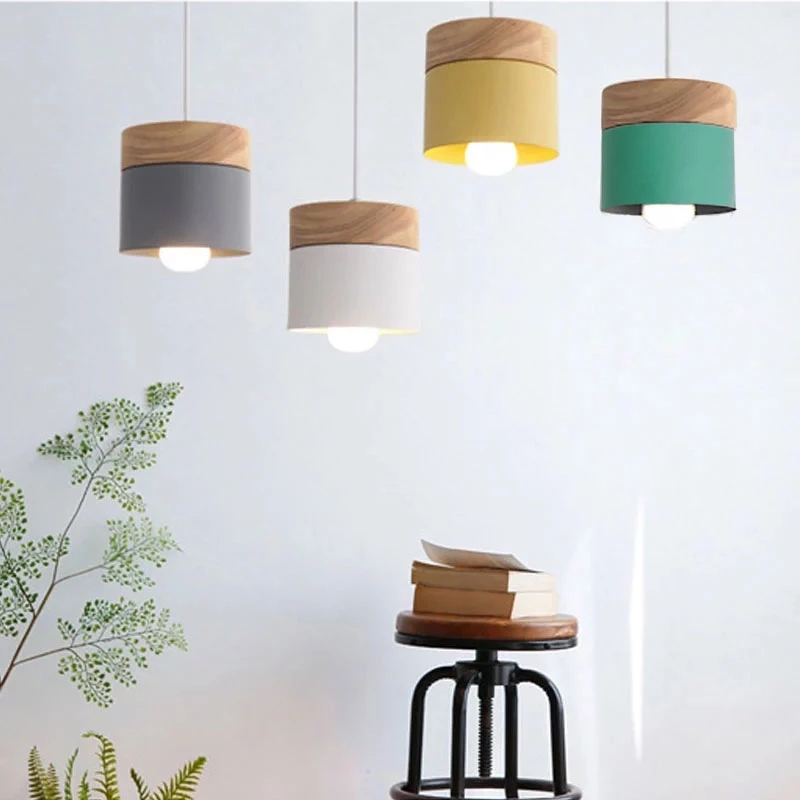 Home Improvement Expo - 北欧シンプル LED E27 ペンダントライトモダンマカロンハンギングライトホーム改善鉄と木の装飾ペンダントランプ